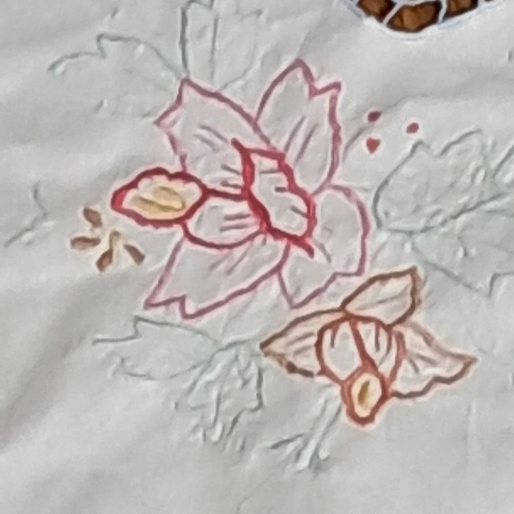 Vintage Embroidered Shower Curtain Pink Floral Cutwork Cottage Chic Linen Look